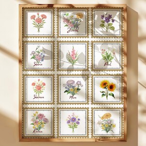 May include: A wooden framed artwork with twelve floral illustrations, each within a postage stamp-style border. The flowers are in various colours, including red, purple, yellow, and pink. Each stamp has a name written on it.