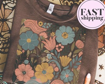 Sweat-shirt rétro bohème à fleurs sauvages, t-shirt à fleurs style Matisse pastel pastel, col rond surdimensionné C214
