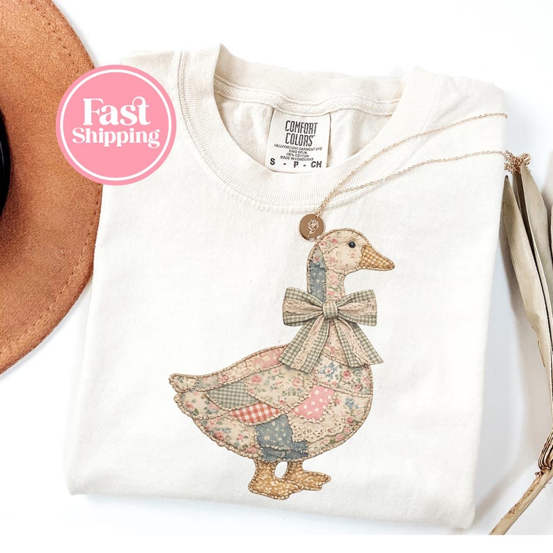 Faux Patchwork Grandmacore Goose T-Shirt – Easter graphic tee, floral retro coquette duck shirt, cottagecore gingham spring tee G321_1 image 5