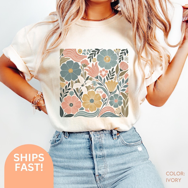 Camiseta Boho Wildflower de verano, cómoda, en colores suaves, estilo Matisse, con estampado floral en tonos pastel, camiseta extragrande C214 imagen 5