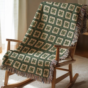 Lucky Clover Woven Blanket Irish Leaf Clover Woven Cotton Blanket Rustic Cottagecore Room Decor, Shamrock Heirloom Quality Tapestry W038