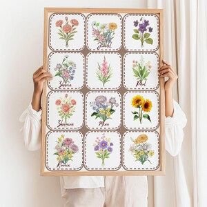 Può includere: Una stampa incorniciata con dodici illustrazioni floreali, ciascuna in una cornice quadrata con un bordo a puntini. I fiori sono in vari colori, tra cui rosa, viola, giallo e bianco, con nomi scritti sotto.