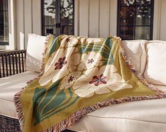 70s Floral Blanket Throw – retro botanical woven blanket, mid century modern decor, Matisse inspired flower throw gift Q063