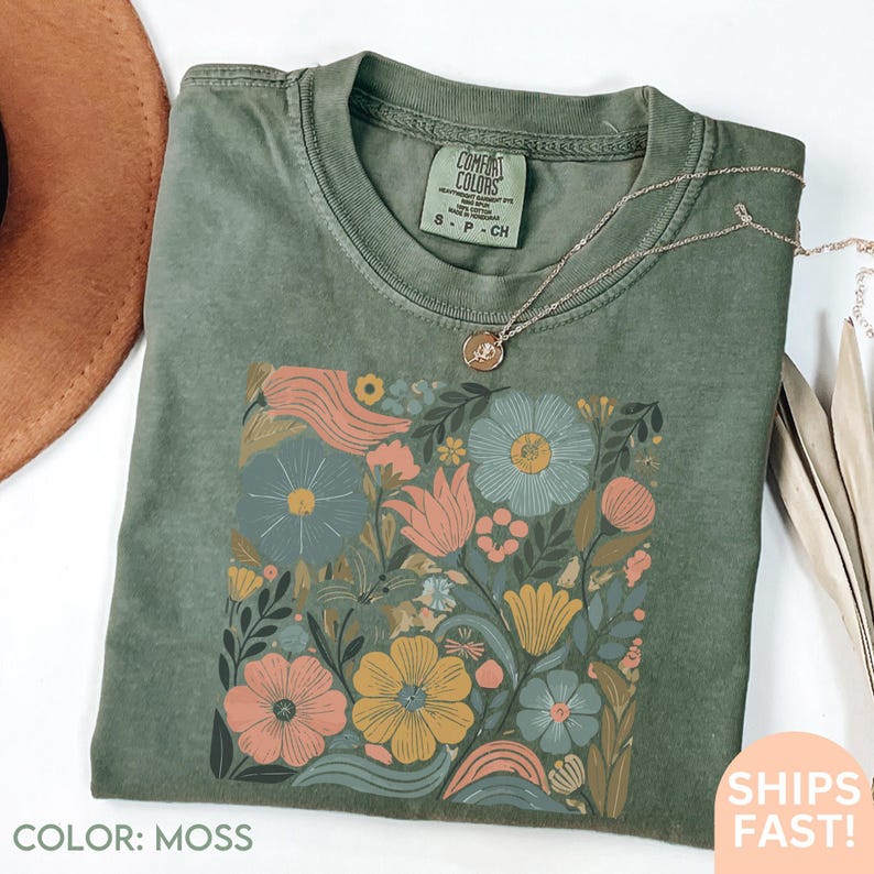 Camiseta Boho Wildflower de verano, cómoda, en colores suaves, estilo Matisse, con estampado floral en tonos pastel, camiseta extragrande C214 imagen 6
