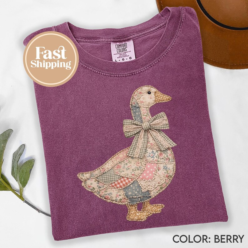 Faux Patchwork Grandmacore Goose T-Shirt – Easter graphic tee, floral retro coquette duck shirt, cottagecore gingham spring tee G321_1 image 9