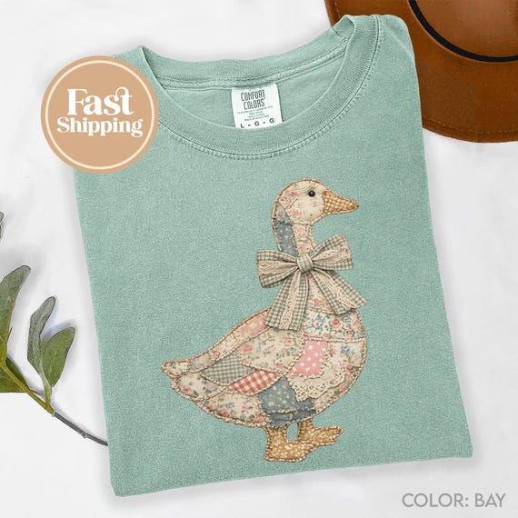 Faux Patchwork Grandmacore Goose T-Shirt – Easter graphic tee, floral retro coquette duck shirt, cottagecore gingham spring tee G321_1