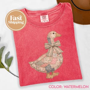 Faux Patchwork Grandmacore Goose T-Shirt – Easter graphic tee, floral retro coquette duck shirt, cottagecore gingham spring tee G321_1 image 7