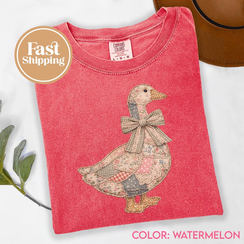 Faux Patchwork Grandmacore Goose T-Shirt – Easter graphic tee, floral retro coquette duck shirt, cottagecore gingham spring tee G321_1 image 7