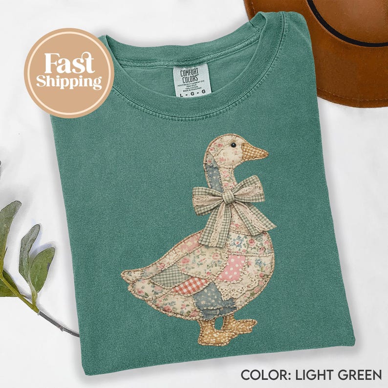 Faux Patchwork Grandmacore Goose T-Shirt – Easter graphic tee, floral retro coquette duck shirt, cottagecore gingham spring tee G321_1 image 6