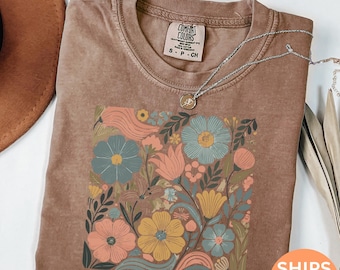 Sweat-shirt Boho fleurs sauvages, couleurs confort d'été, t-shirt à fleurs style Matisse pastel pastel, t-shirt surdimensionné C214