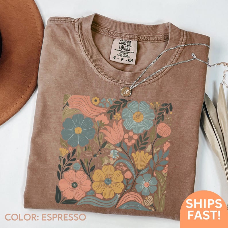 Camiseta Boho Wildflower de verano, cómoda, en colores suaves, estilo Matisse, con estampado floral en tonos pastel, camiseta extragrande C214 imagen 1