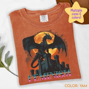 Feminism Dragon Graphic T-Shirt - Gothic Fantasy Dragon Castle Tee - Feminist Dark Fantasy Tee - Vintage Feminism Graphic Tee C311