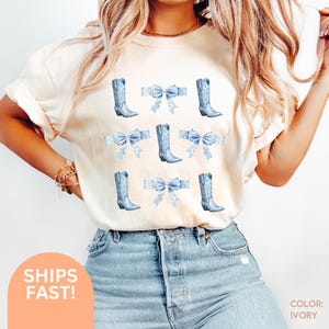 Chemise Coquette Cowgirl Chemise Couleurs Confort Nœud Toile de Jouy Tendance T-shirt Coquette Esthétique Jolie Fille Cadeau T-shirt Bleu Nœud C160