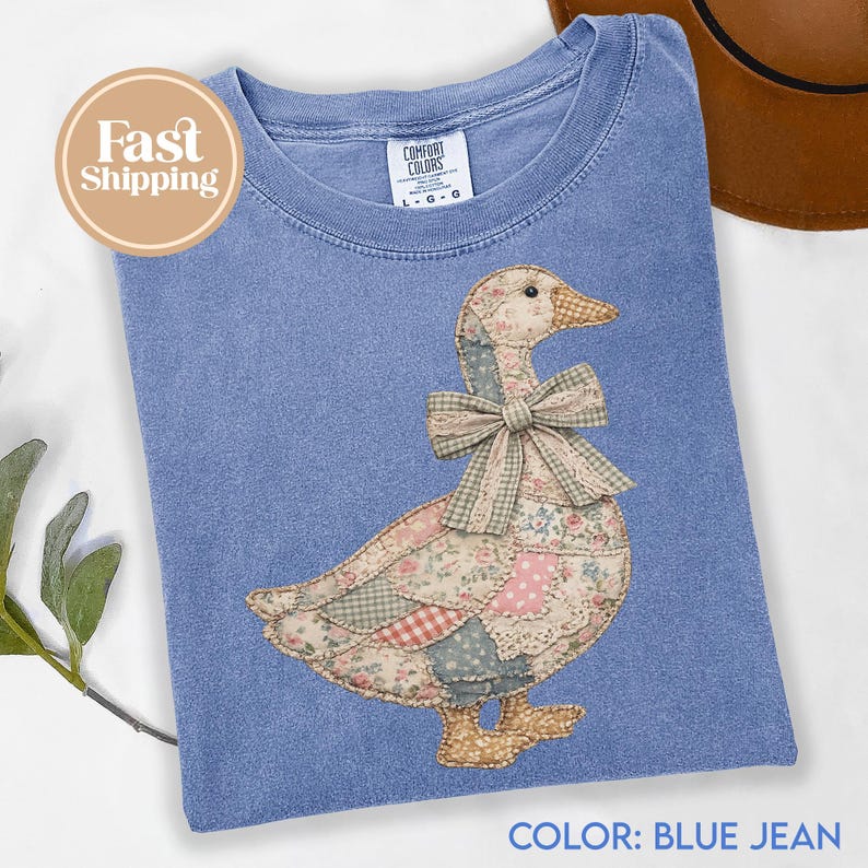 Faux Patchwork Grandmacore Goose T-Shirt – Easter graphic tee, floral retro coquette duck shirt, cottagecore gingham spring tee G321_1 image 3