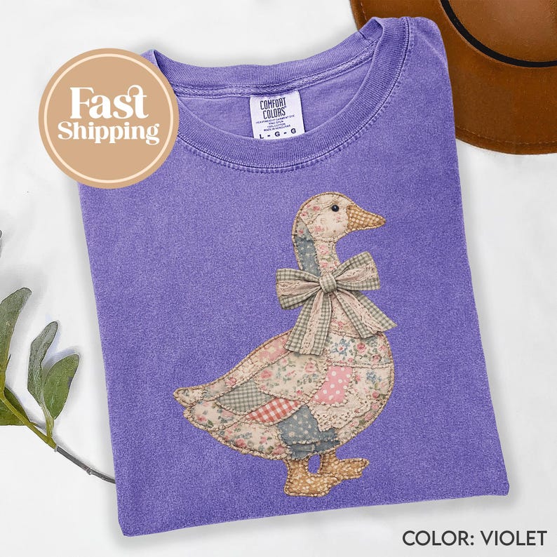 Faux Patchwork Grandmacore Goose T-Shirt – Easter graphic tee, floral retro coquette duck shirt, cottagecore gingham spring tee G321_1 image 8