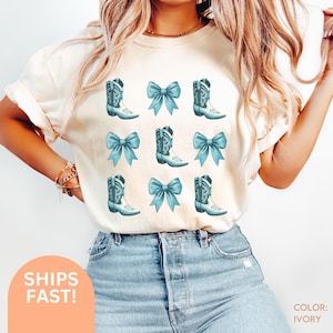 Chemise Coquette Cowgirl Chemise Couleurs Confort Nœud Toile de Jouy Tendance T-shirt Coquette Esthétique Jolie Fille Cadeau Nœud Bleu Tshirt C216