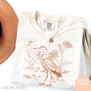 Heron Shirt Linocut Shirt Great Blue Heron Bird Lover Shirt Hippy Clothes Granola Girl Antique Folk Art Avian Aviary Gift Block Print  D35