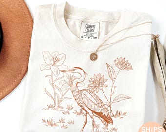 Heron Shirt Linocut Shirt Great Blue Heron Bird Lover Shirt Hippy Clothes Granola Girl Antique Folk Art Avian Aviary Gift Block Print  D35
