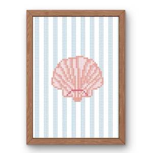 May include: A framed print featuring a pixelated pink seashell on a background of vertical blue and white stripes. The artwork is encased in a natural wood frame, creating a coastal or nautical theme.