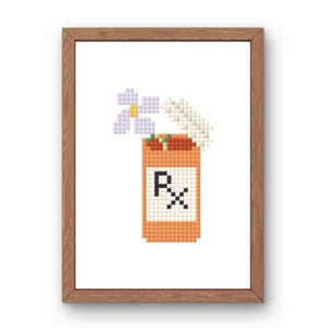 Op de afbeelding: Een ingelijste print met een gepixeld illustratie van een oranje medicijnfles met de letters "Rx" op het etiket. De fles stroomt over met gepixelde bloemen en bessen, met een witte achtergrond.