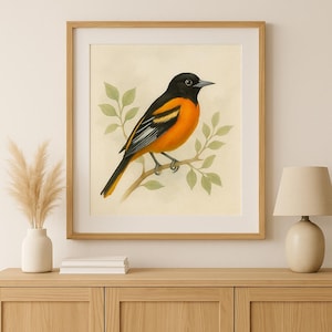 Baltimore Oriole Watercolor Wall Art Nature Bird Print, Digital Download, Earthy Boho Home Décor