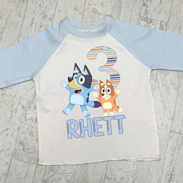 Blue dog orange dog birthday shirt raglan baseball tee