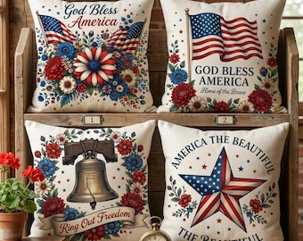 Patriotic Pillow Cover, Americana Throw Pillow, God Bless America Cushion Cover, Liberty Bell Pillow, Rustic Farmhouse USA Decor