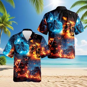 May include: A short-sleeved button-down shirt featuring a vibrant design of motorcycles engulfed in flames and electric blue energy. The shirt showcases a tropical beach scene with palm trees and ocean in the background. The design is repeated on the front and back of the shirt.
