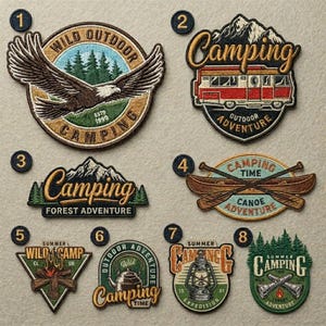 May include: Eight embroidered patches featuring outdoor themes. Designs include an eagle, a camper van, mountains, canoes, a campfire, a kettle, a lantern, and flashlights, with text such as Wild Outdoor, Camping, and Summer Camping.