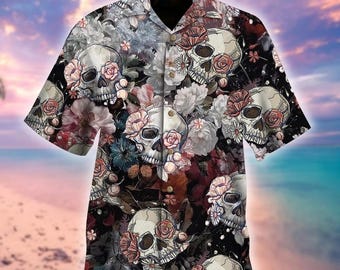 VISESUNNY Men's Hawaiian Shirt - Skull & Flower Cherry Print Short Sleeve Aloha Shirt - View #10