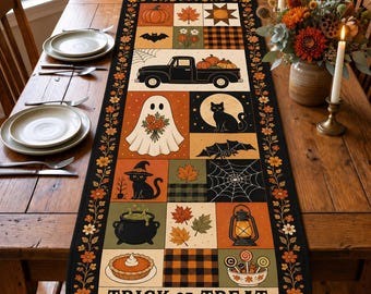 Halloween Table Runner Quilt Pattern, Vintage Patchwork Pumpkin Ghost Black Cat Fall Table Runner, Farmhouse Autumn Dining Decor