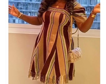 Handwoven Yoruba Aso-Oke Mini Dress – Striped Pattern, Fringed Hem, Custom Sewing Available