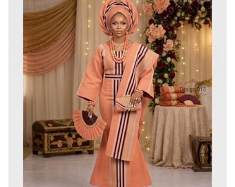 Luxury Peach & Champagne Handwoven Aso-Oke Fabric Set Yoruba Wedding Fabric – Traditional Nigerian Aso-Oke Women 3 Bundles/Men 4 Bundle