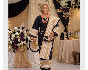 Luxury Black and Gold Handwoven Aso-Oke Fabric – Design 014 Yoruba Wedding Fabric Set Women 3 Bundles/Men 4 Bundles – Gele, Ipele & Fila