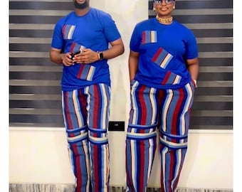 Couple Matching Aso Oke Outfit Set African His and Hers Set Yoruba Traditional Wear Stripe Pants & Shirt Custom Handmade