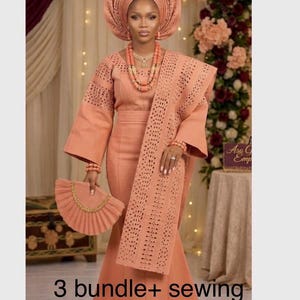 Luxury Peach Hand-Cut Aso-Oke Bridal Set Yoruba Traditional Wedding Outfit Iro & Buba with Gele and Ipele Nigerian Aso-Ebi Fabric – Cu