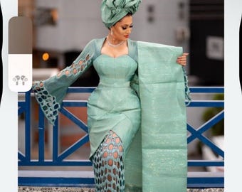 Luxury Mint Aso-Oke Gown Set – Gele, Ipele, Lace Gown - Yoruba Attire