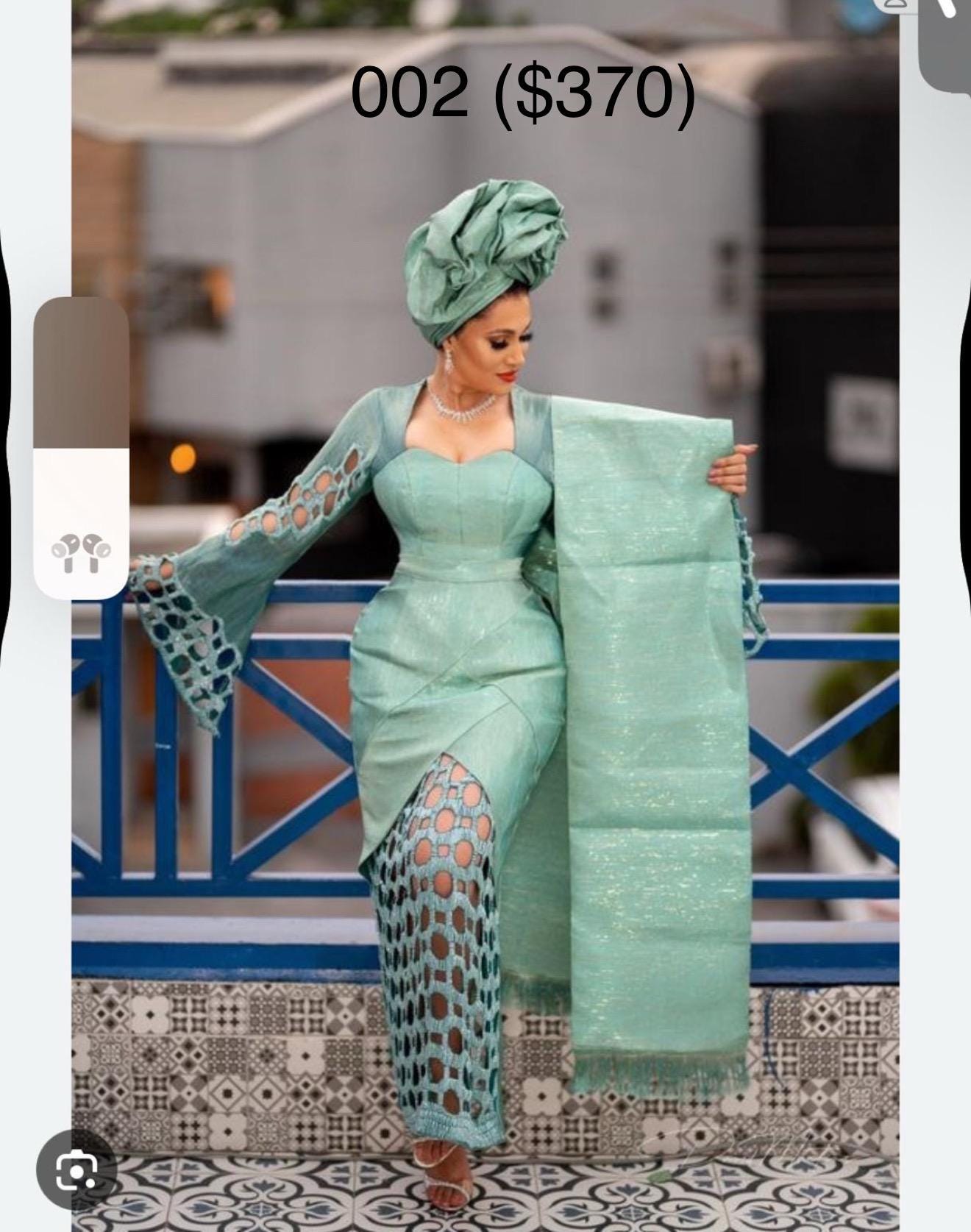 COPY - Aso-Oke African Headtie Auto Gele, Green Stoned Ready Made Gele Fabric Adjustable Pre-tied Light Green Oghogho African Aso Oke  main image 3