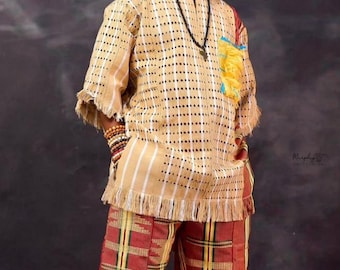 Men’s Traditional Aso-Oke Dashiki Set – Handmade Yoruba Cultural Attire with Cap