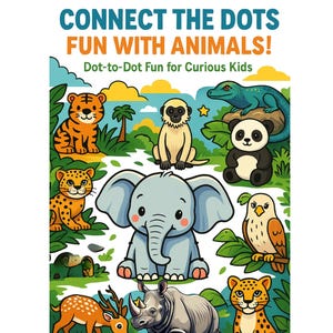 Op de afbeelding: Een kleurrijke illustratie van verschillende dieren, waaronder een tijger, luipaard, olifant, panda en neushoorn. De afbeelding bevat de tekst "CONNECT THE DOTS FUN WITH ANIMALS! Dot-to-Dot Fun for Curious Kids."