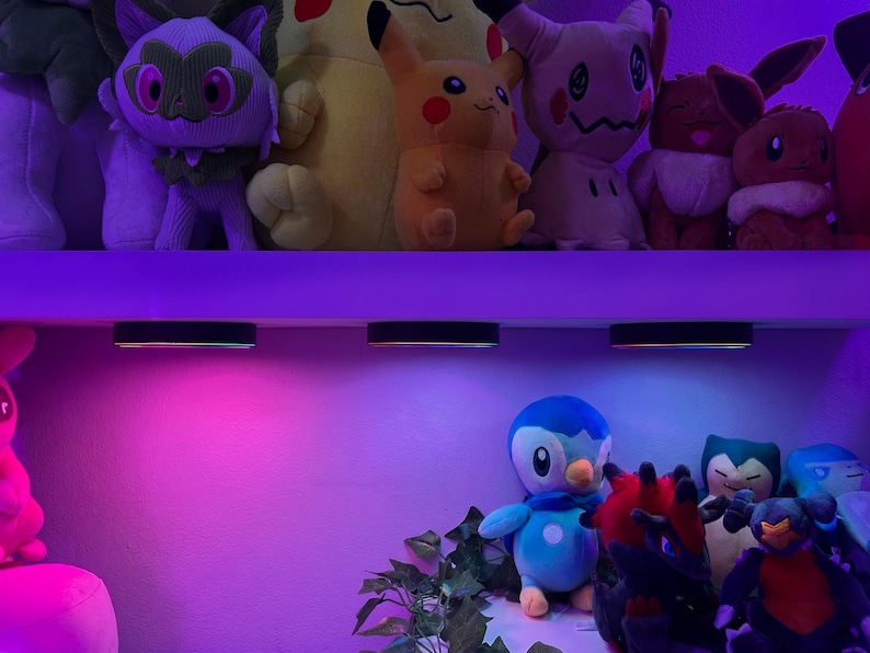 Może przedstawiać: Kolekcja pluszowych zabawek, w tym Pikachu, Sprigatito, Mimikyu, Eevee, Piplup, Snorlax i inne, ułożone na dw&oacute;ch p&oacute;łkach. Trzy okrągłe czarne lampki są zamontowane pod g&oacute;rną p&oacute;łką, rzucając żywą fioletową i niebieską poświatę na otoczenie.