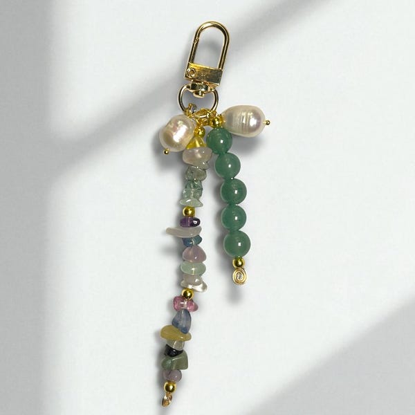 Fluorite Gold and pearl beaded bag charm