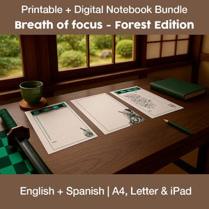 Puede incluir: Un escritorio de madera exhibe un paquete de cuadernos "Breath of focus - Forest Edition". El paquete incluye cuadernos imprimibles y digitales, con páginas rayadas e ilustradas. Un lápiz verde, una taza y un libro también están en el escritorio.