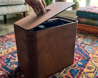 Modern Wooden Trash Can with Lid :  Unique Handmade Slim Waste Paper Basket and Garbage Bin for Bedroom, Bathroom and Home Office Decor