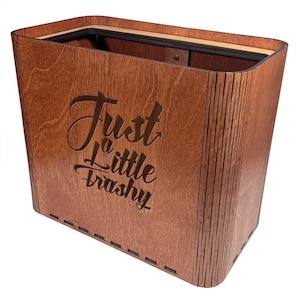 Slim Wooden Trash Can - &quot;Just a Little Trashy&quot; - Small Garbage Bin for Bedroom or Bathroom