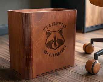 Raccoon Engraved Wooden Trash Can: Slim Modern Waste Bin