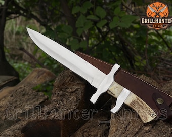 Handmade D2 Steel Bowie Knife with Stag Horn Handle & Leather Sheath | Hunting Knife | Gift for Him | Groomsmen Gift | Personalized knife