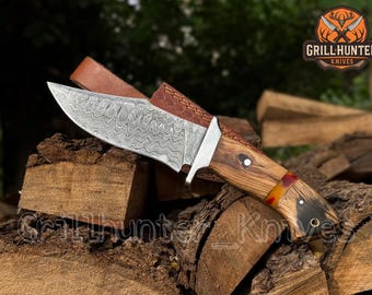 Handmade Damascus Steel Skinner Knife | 10" Hunting Knife with Leather Sheath | Camping & Bushcraft Knife | Unique Christmas Gift for Men