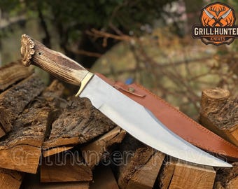 Handmade 18 Inch Bowie Knife | D2 Steel Hunting Knife with Antler Stag Handle & Leather Sheath |  Perfect Gift for Him