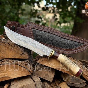 Handmade Damascus Bowie Knife | Stag Handle Hunting Knife | Custom Fixed Blade with Leather Sheath | Gift For Hunter